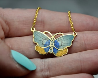 Vintage Cloisonné Teal and Yellow-toned Butterfly Pendant Necklace