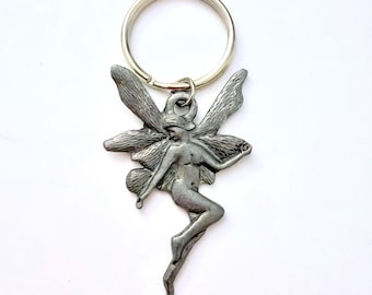 Vintage tinker bell dancing fairy pewter metal keychain
