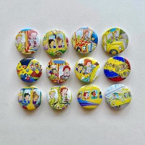 May include: Twelve circular badges displaying vibrant illustrations of a yellow school bus with children and a teacher. The badges have a glossy finish and are arranged on a white surface.