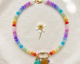 Handbeaded Rainbow Glass Rondelle Choker Necklace, Turquoise, Gold Coin, Pearl Moon Charms