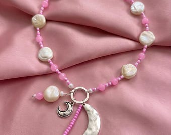 Handbeaded y2k Pink Pearl Celestial Choker Necklace with Moon Charms