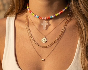 Handbeaded vibrant multi-colored boho glass beaded statement choker necklace with clear cross pendant