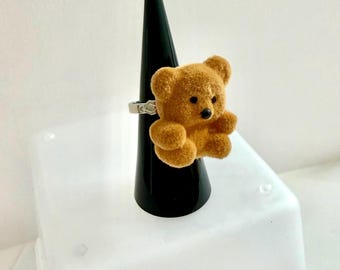 Handmade Kawaii 1” Brown Teddy Bear Statement Adjustable Rings