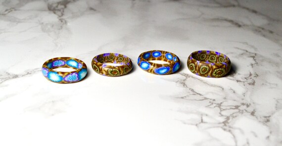 Vintage Polymer Clay Green-tone Banded Floral Patterned Rings