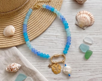 Handbeaded Blue-tones Glass Rondelle Nautical Choker Necklace, sandollar, pearl and star charms