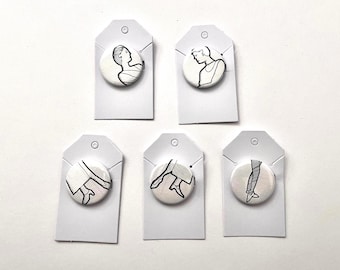 Minimalist handmade 1.25” black & white button badge pins