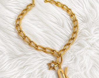 Vintage Repurposed Gold-Tone Statement Necklace, “OK” pendant, star with rhinestone charm