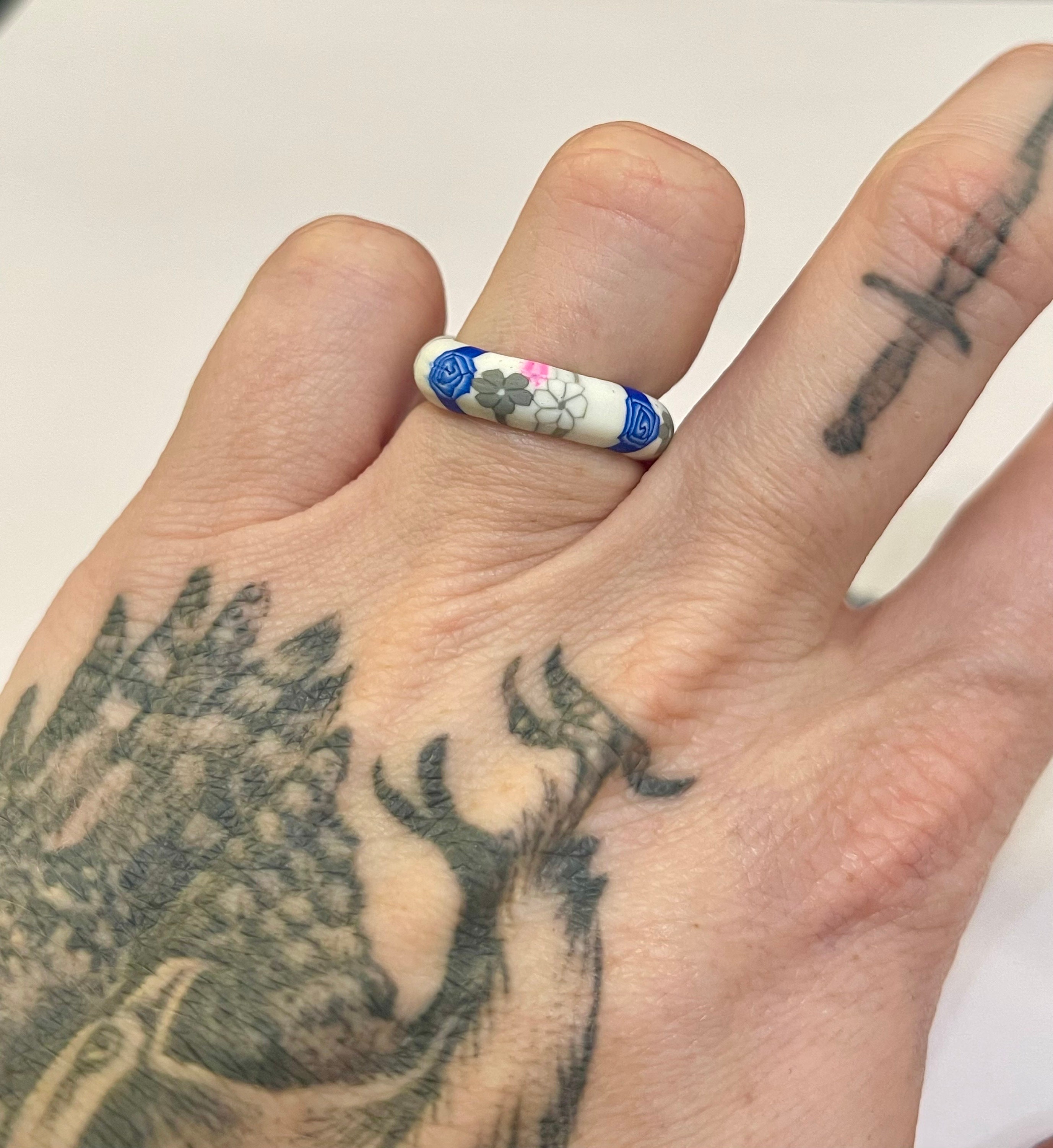 Vintage Polymer Clay White Band Floral Patterned Rings - Etsy