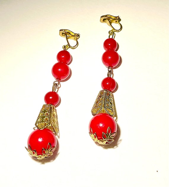 Vintage Clip-on Red Beaded Drop Earrings - image 7