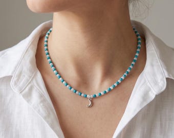 Handbeaded Teal & Pearl y2k Seed Beaded Choker Necklace with dainty silver-tone moon charm