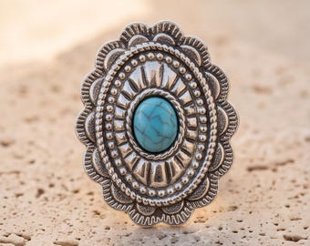 Handmade Upcycled Vintage Silver-tone & Turquoise Southwestern  Adjustable Statement Ring