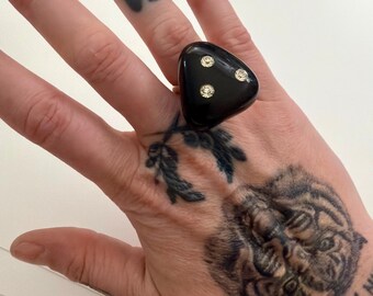 Handmade Upcycled Vintage Chunky Black & Rhinestone Abstract Adjustable Statement Ring