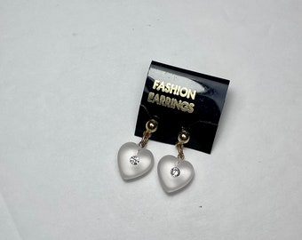 Vintage 1970’s NOS clear heart dangle earrings with rhinestone center accent