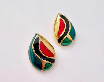 Vintage 1980s art-deco teardrop-shaped enamel color block earrings
