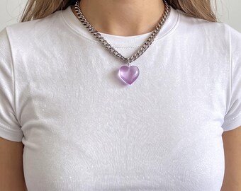 Handmade Repurposed y2k Silver-tone Cuban Chain Choker Necklace with Purple Puffy Heart Charm