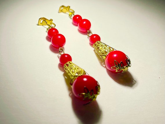 Vintage Clip-on Red Beaded Drop Earrings - image 3