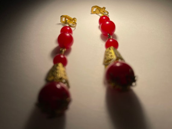 Vintage Clip-on Red Beaded Drop Earrings - image 5