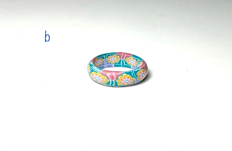 Vintage Polymer Clay Green-tone Banded Floral Patterned Rings