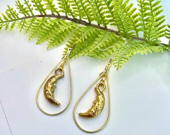 Handmade Gold-tone Half Moon Dangle Celestial Earrings
