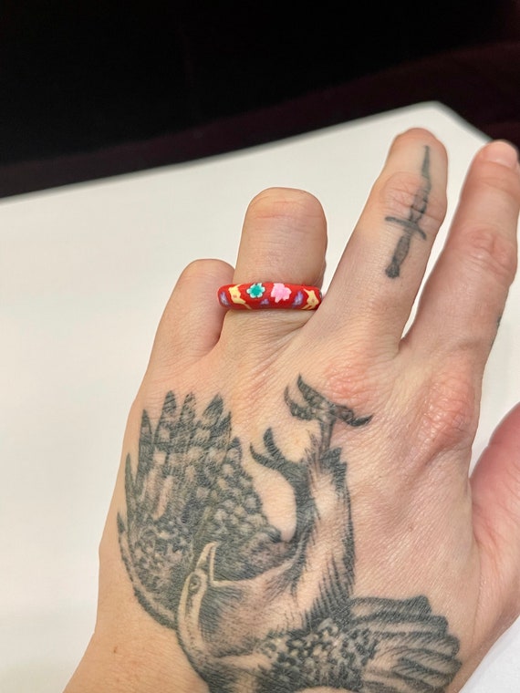 Vintage Polymer Clay Red Band W/ Multicolor Floral Patterned Rings