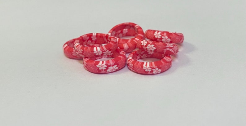 Vintage Polymer Clay Red Band w/ White pink Floral Patterned Rings image 1