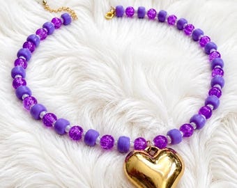 Y2K Purple Glass Beaded Choker Necklace with Gold Heart Pendant