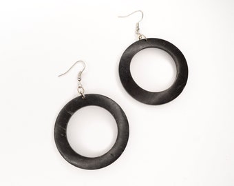 1970's Vintage Wooden Black Circle Statement Earrings