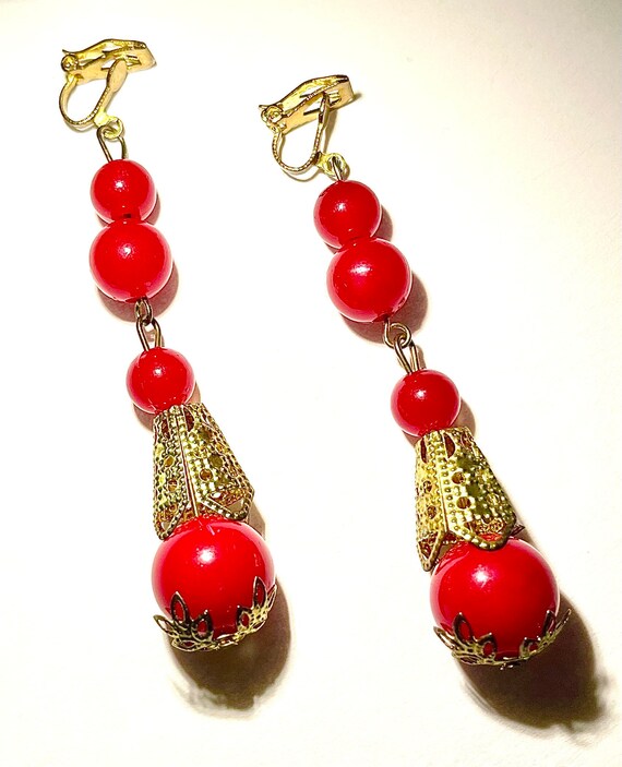 Vintage Clip-on Red Beaded Drop Earrings - image 2