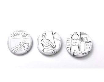 Set of 3 x 2.25” black & white handmade comic style fun button badge pins