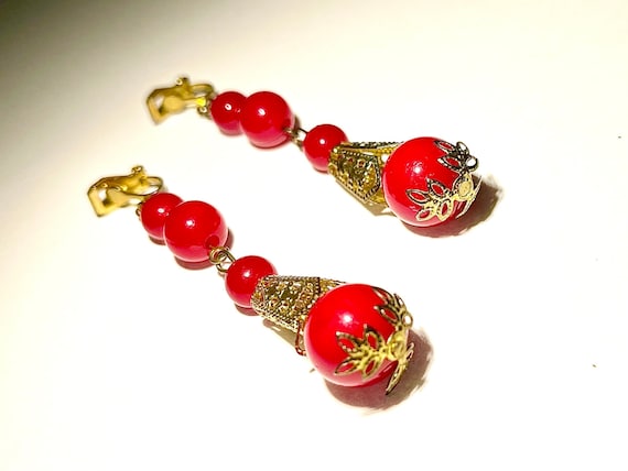 Vintage Clip-on Red Beaded Drop Earrings - image 1
