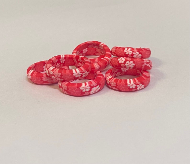 Vintage Polymer Clay Red Band w/ White pink Floral Patterned Rings image 4