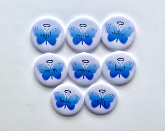 Y2K Blue Gradient Butterfly Angel Button Pin, Choose Your Phrase