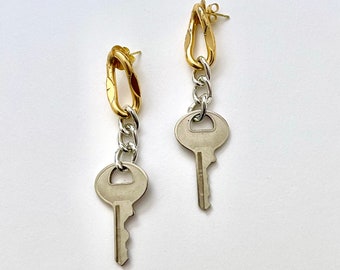 Handmade gold & silver-tone chain link key earrings
