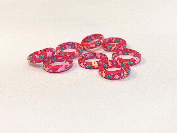 Vintage Polymer Clay Red Band w/ Multicolor Flora… - image 1