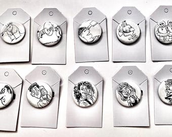 Random faces and character handmade 1.25” black & white button badge pins