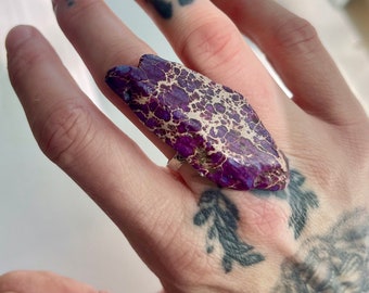 Handmade Large Purple-tone Authentic Natural Stone Statement Adjustable Ring