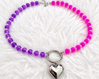 Y2K Purple Pink Glass Beaded Choker Necklace with Silver Heart Pendant