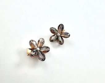 Retro Y2K Crystal Flower Alligator Hair Clip-Smokey Gray with Pearl center [set of 2]