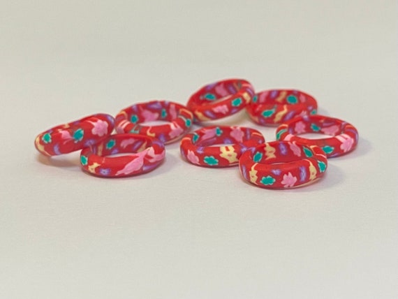 Vintage Polymer Clay Red Band w/ Multicolor Flora… - image 4