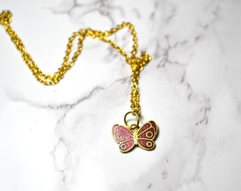 Vintage Cloisonné Red-tone Butterfly NOS Pendant Necklace