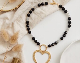 Handbeaded black & gray glass beaded statement necklace with oversized gold-tone pendant
