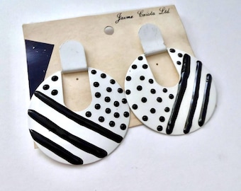 Vintage 1980s Jaime Crista Ltd Geometric Dangle Earrings – Polka Dot Stripe Design