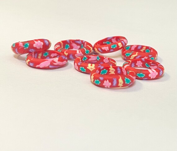 Vintage Polymer Clay Red Band w/ Multicolor Flora… - image 5