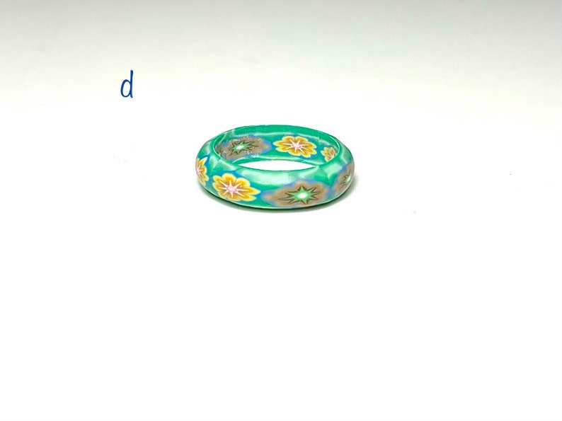 Vintage Polymer Clay Green-tone Banded Floral Patterned Rings