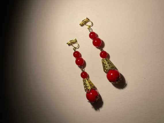Vintage Clip-on Red Beaded Drop Earrings - image 4