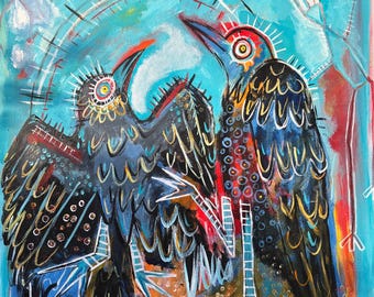 Shape-Shifting Crows |Original Acrylic Painting | Shamanic art