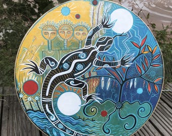 Shaman Drum -Enlightened Lizard. Unique hand painted design.