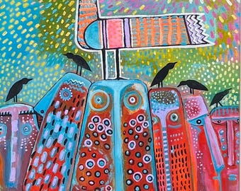Keeping your Head Above Water -Original Acrylic Bird Painting & Fine Art Print | Contemporary Folk Art | A3