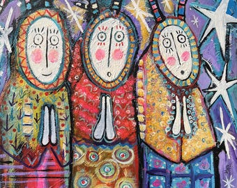 Three Wise Druids -Contemporary Folk Art, Whimsical Home Decor -  Original Acrylic Painting,