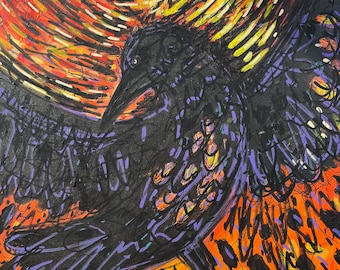 Fragments | Original Mixed Media Crow Painting Contemporary Folk Art